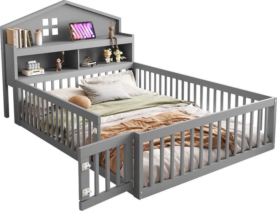 Merax Kinderbed in Huisvorm 140x200 Massief Houten Bed met Opbergruimte Omheining en Deur Met Lattenbodem en Krijtbord Grijs
