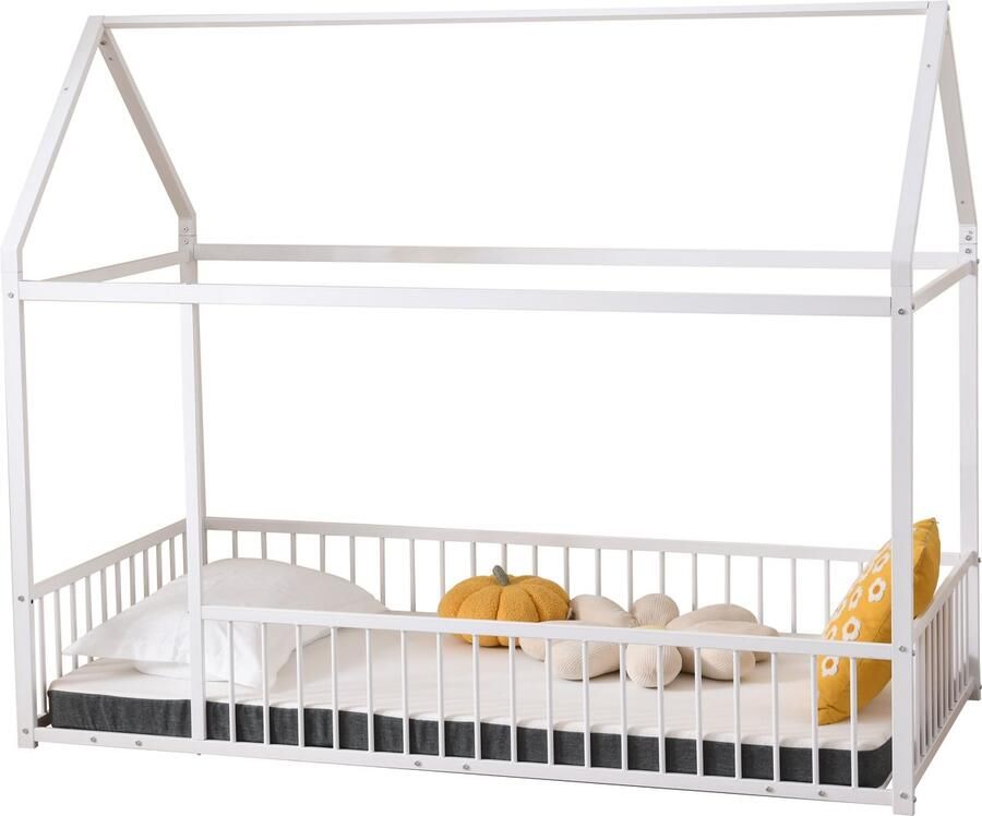 Merax Kinderbed in Huisvorm 90x190 cm – Bed op de Grond met Deur en Veiligheidshekje – Metalen Bedframe – Wit