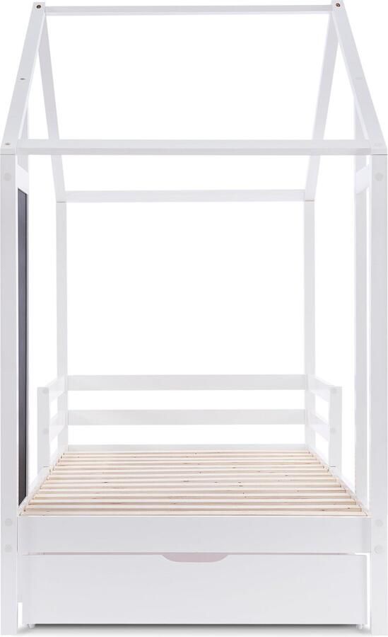 Merax Kinderbed in Huisvorm 90x200 cm Houten Bed met Tafel en 2 Schubladen Massief Hout met Zaag en Lattenbodem Wit (Zonder Matras) - Foto 2