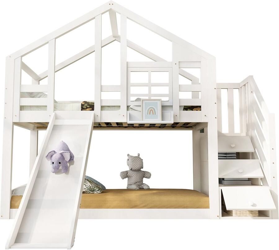 Merax Stapelbed in Huisvorm 90x200 cm – Kinderbed met Glijbaan Bed met Tafel en Opbergvakken in Trap – Wit – Inclusief 2 Lattenbodems – Zonder Matras - Foto 2