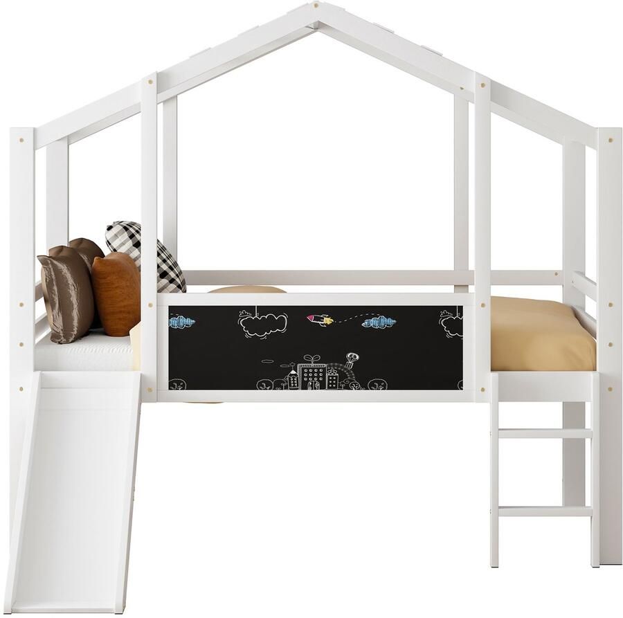 Merax Kinderbed in Huisvorm 90x200 cm Met Glijbaan Veiligheidsladder Schoolbord Massief Hout Wit