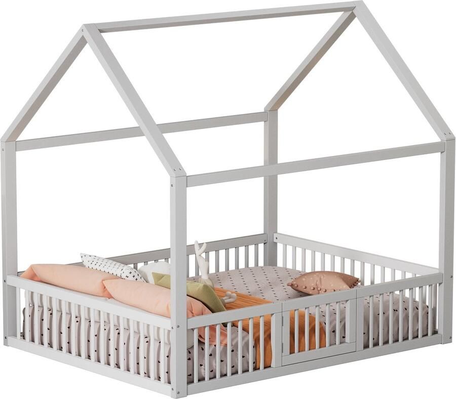 Merax Kinderbed in Huisvorm – Houten Bed 140x200 cm met Gekleurde Details en Veilige Deur Inclusief Lattenbodem Wit