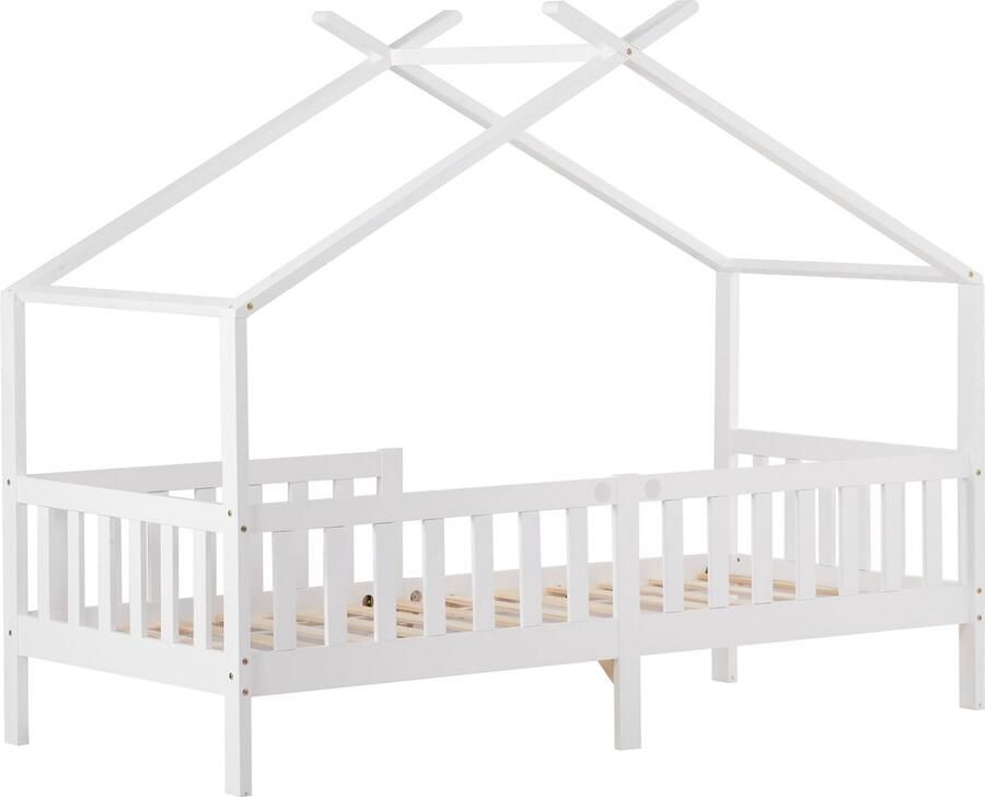 Merax Kinderbed in Huisvorm 90x200 cm Eenpersoonsbed met Massief Houten Frame en Veilige Omheining Wit - Foto 2