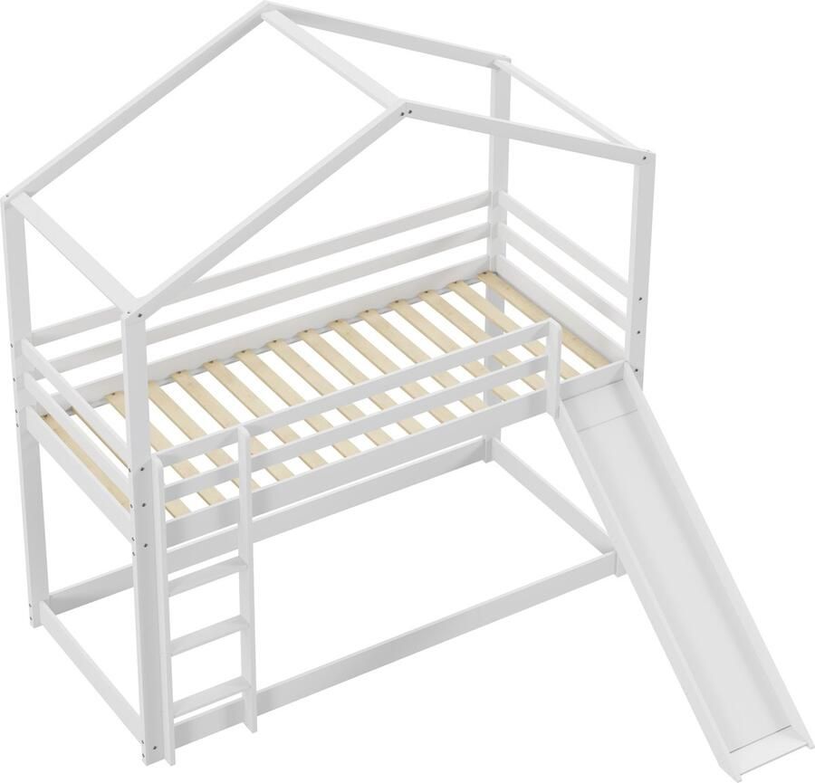 Merax Kinderbed in Huisvorm met Rutsche Laag Stapelbed van Hout met Lattenbodem 90 x 200 cm Wit