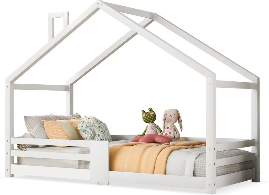 Merax Kinderbed in Huisvorm met Schoorsteen en Rausfallschutz – Massief Hout – 90x200cm – Robuuste Lattenbodem – Witte Kleuren