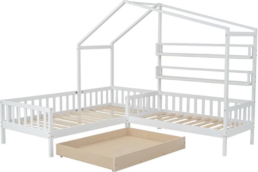 Merax Kinderbed in Huisvorm met Schuiflades en Open Vakken – L-Vormig Bed – Massief Hout – 90x200 cm + 140x70 cm – Wit