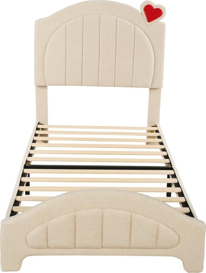 Merax Kinderbed in Teddy Stof 90x200 cm Gestoffeerd Bed Inclusief Verstelbaar Hoofdbord met Hartje Beige