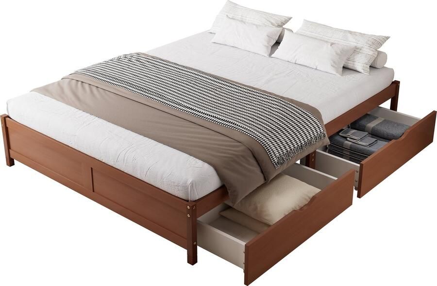 Merax Kinderbed in Vintage Houtkleur Met Twee Schubladen Kieferhout + MDF Roodbruin 140x200 cm