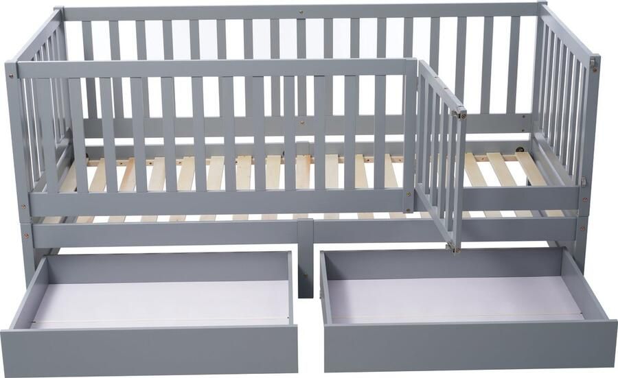 Merax Kinderbed Ledikant 90x200 cm Bed voor Kinderen met Uitvalbeveiliging Omvormbaar Bedframe tot 2 Losse Bedden Grijs