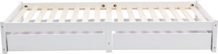 Merax Kinderbed Massief Hout 90x200 cm met 2 Laden en Lattenbodem Modern Wit Bedframe met Opbergruimte