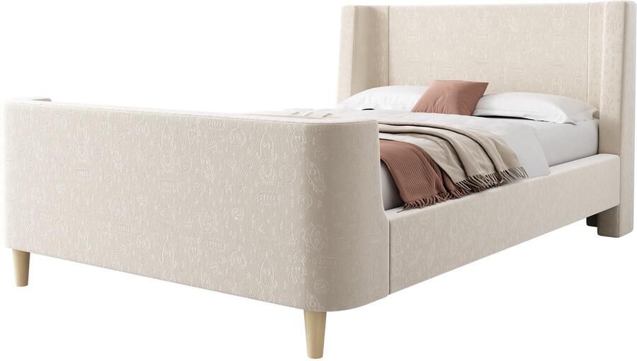 Merax Gestoffeerd Kinderbed – 90x200 cm – Schlittenbed met Kosmisch Design – Beige – Fluwelen Stof – Inclusief Houten Lattenbodem – Zonder Matras