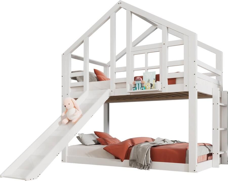 Merax Stapelbed 90x200 cm met Glijbaan en Dak Eenpersoonsbed met Uitvalbeveiliging Hoogslaper Kinderbed Wit