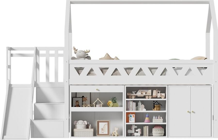 Merax Kinderbed met Glijbaan en Trap – 90x200 cm – Houten Bed met Opberglades Kast en Lattenbodem – Speelbed voor Kinderen – Wit