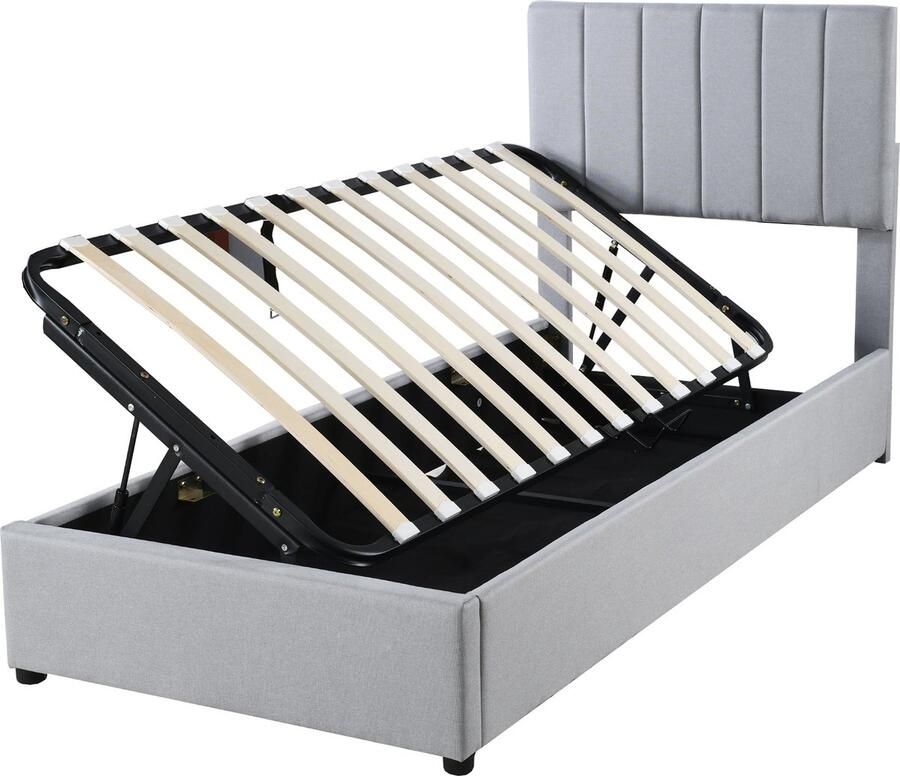 Merax Kinderbed 90x200 cm Gestoffeerd Bed met Hydraulische Opbergruimte Eenpersoonsbed in Huidvriendelijk Linnen Grijs