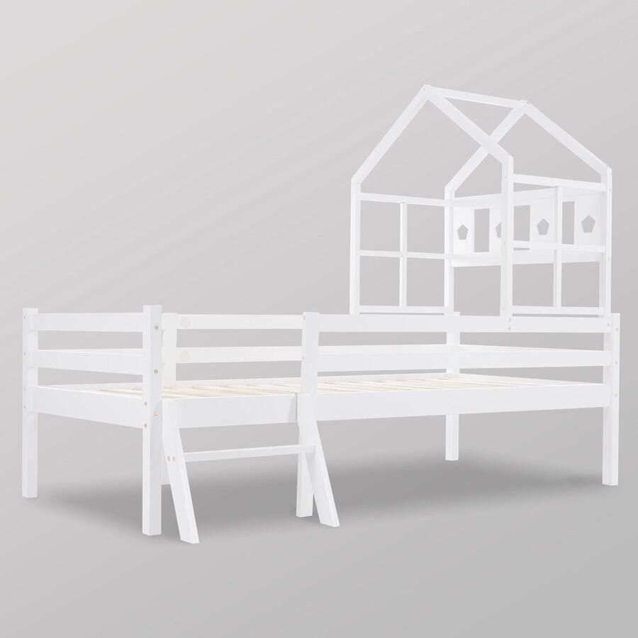 Merax Hoogslaper Kinderbed met Ladder en Laden Massief Kierenhout Wit 90x200 cm Inclusief Lattenbodem en Veiligheidshek - Foto 2