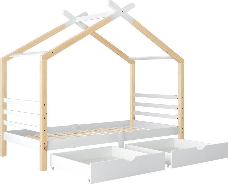 Merax Kinderbed met Lades 90x200 cm Massief Houten Huisbed met Lattenbodem Bed in Wit + Naturel Hout Bruin