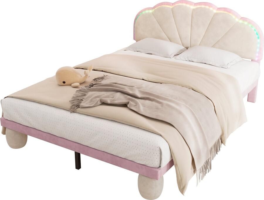 Merax Kinderbed met LED Verlichting 140x200 cm Tienerbed met Golvend Hoofdbord Velvet Gestoffeerd Tweepersoonsbed Beige met Roze