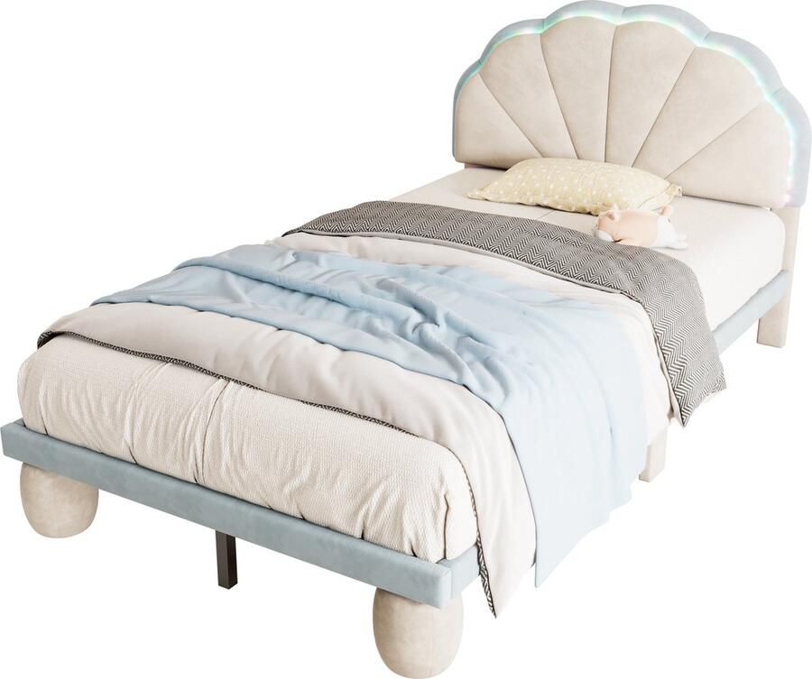 Merax Kinderbed met LED Verlichting Velvet Gestoffeerd Bed met Golvend Hoofdbord Beige met Blauw