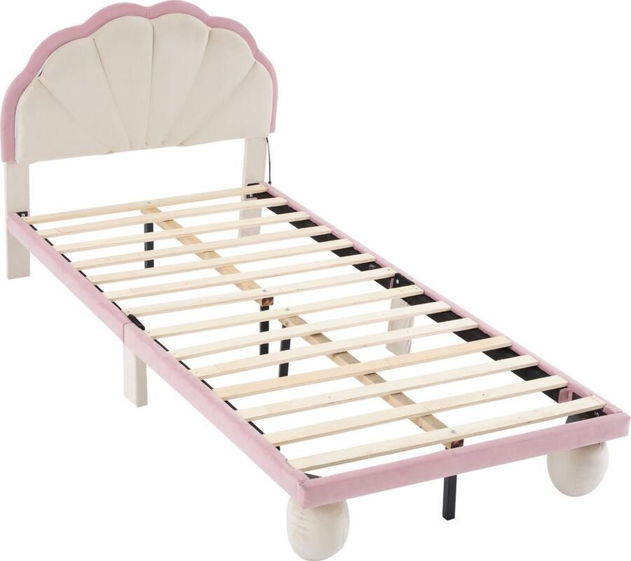 Merax Gestoffeerd Bed 90x200 cm met LED Verlichting en Wellenschliff Hoofdbord Beige en Roze Kleurencombinatie Kinderbed met Houten Lattenbodem - Foto 2