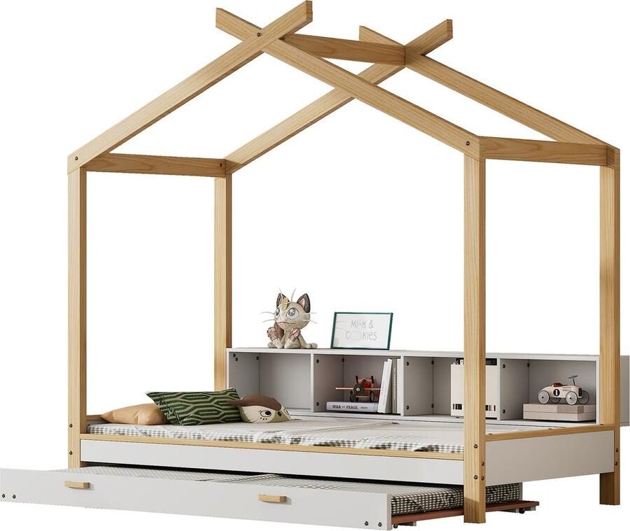 Merax Kinderhuisbed met Uitrolbed en Opbergrekken – Eenpersoonsbed 90x200 cm & 90x190 cm – Houten Bedframe van MDF en Dennehout – Wit Naturel