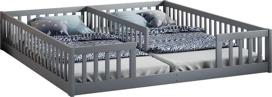 Merax Kinderbed met Uitvalbeveiliging 90x200 cm Inclusief Houten Lattenbodem Voor Twee Kinderen Minimalistisch Design Grijs