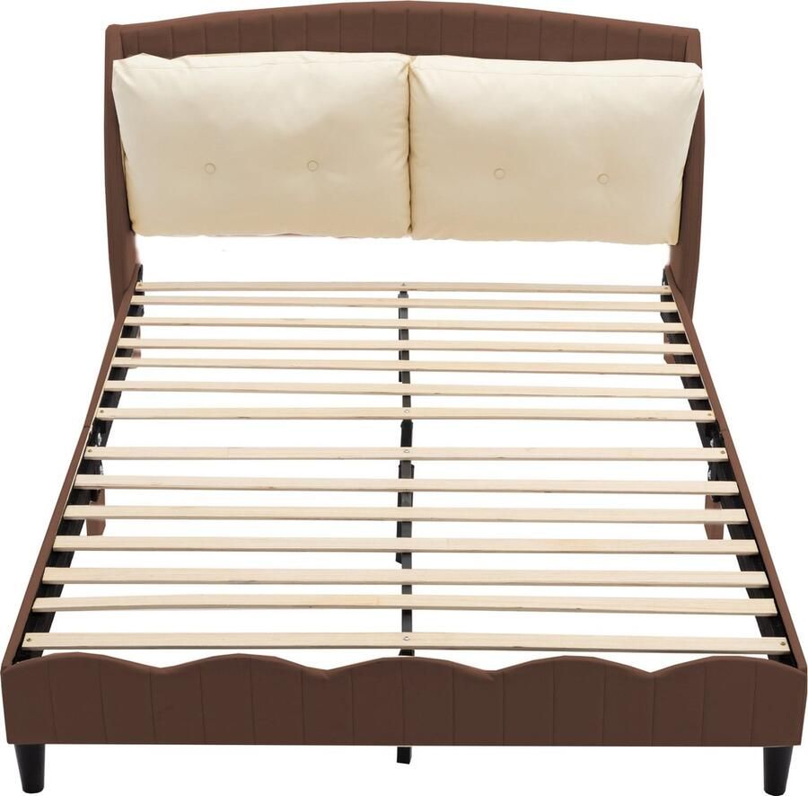 Merax Kinderbed Polsterbed 140 x 200 cm met Lattenrost en Twee Grote Kussens – PU Leder Geschikt voor Jongens en Meisjes Bruin