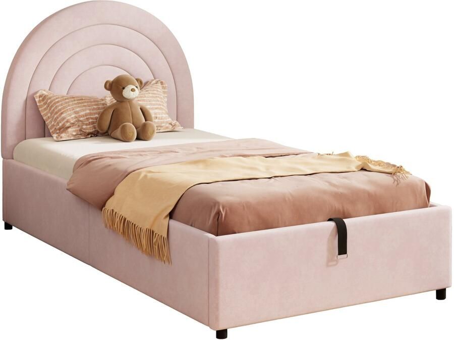 Merax Kinderbed Polsterbed 90x200 Met Lattenbodem En Hoofdbord Fluwelen Stoffering Roze