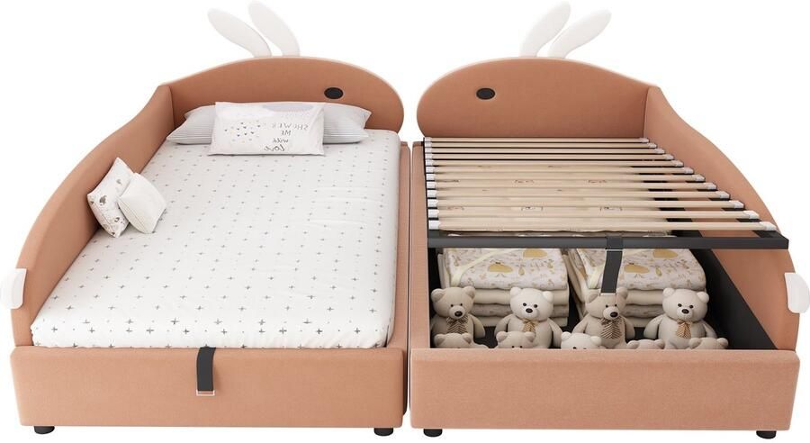 Merax Kinderbed Set van 2 Eenpersoonsbedden 90x200 cm – Gestoffeerd Fluweel met Konijnenoren – Hydraulische Opbergruimte – Verhoogde Zachte Veiligheidsrand – Rood met Wit