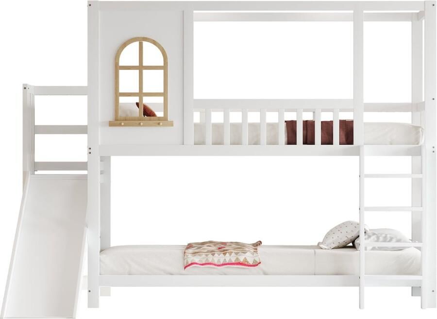 Merax Kinderbed Stapelbed 90x200 cm Houten Hoogslaper in Huisvorm met Venster Veiligheidshek Glijbaan en Opbergplanken Bed met Ladder voor Jongens en Meisjes Wit