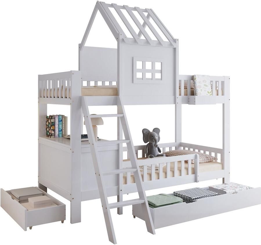 Merax Kinderbed Stapelbed 90x200 met Opbergruimte – Houten Bed met Dak en Ramen – 2 Laden op Wieltjes – met Tafel – Wit