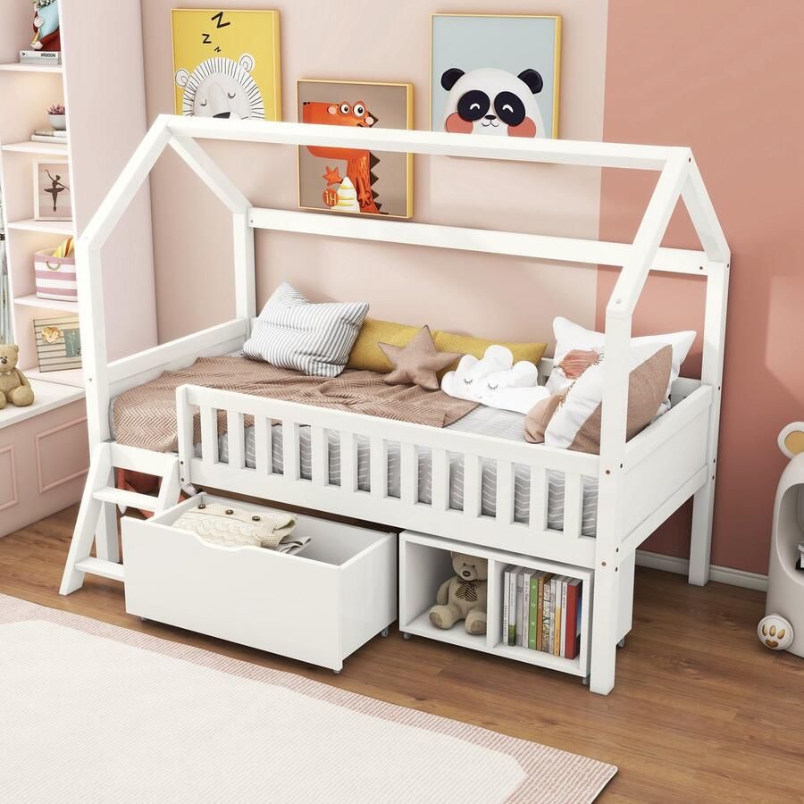 HAUSS SPOLE Eenpersoonsbedden 90x200 Kinderbed Met Lade En Opbergruimte Massief Grenen Wit - Foto 2
