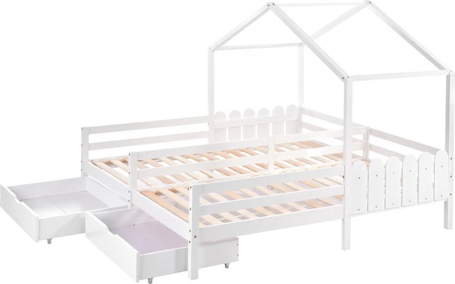 Merax Kinderbed Twee keer 90x200 cm – 2 Eenperoonsbedden in 1 Bedframe met Uitvalbeveiliging en 2 Lades – Wit