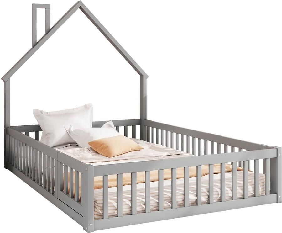 Merax Gestoffeerd Bed in Huisvorm met Schoorsteen – 140x200 cm – Inclusief Houten Lattenbodem – Kinderbed – Hout – Grijs