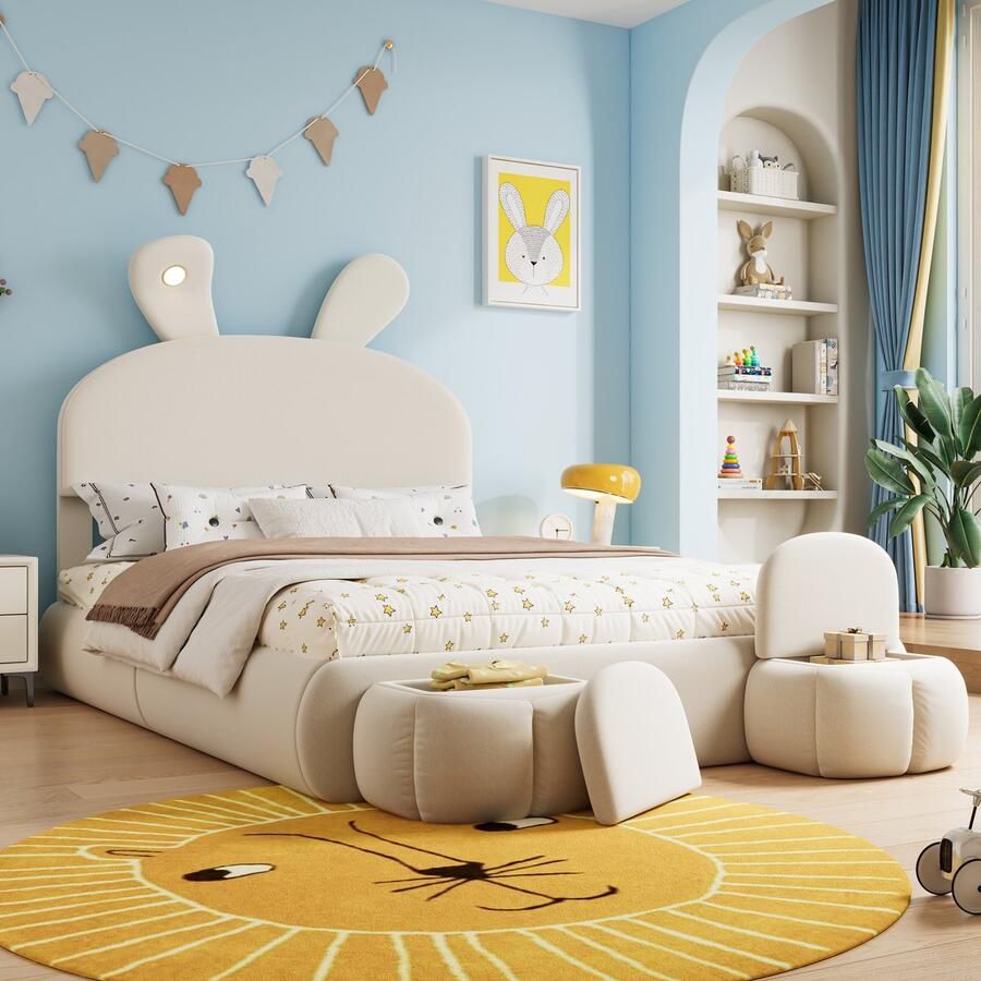 Merax Kinderbed tweepersoonsbed konijnenoren met instelbare helderheid met opbergruimte 2 opbergkrukken beige 140x200cm zonder matras