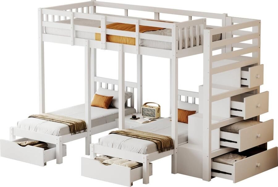 Merax Kinderbed van massief hout 90x200 cm Stapelbed met opberglades veiligheidstrap en nachttafeltje Wit