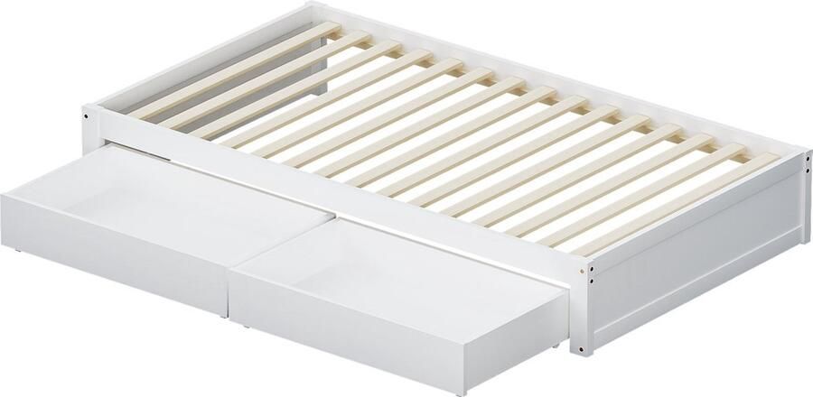 Merax Kinderbed van Massief Hout Eenpersoonsbed 90x200 cm met 2 Laden en Houten Lattenbodem Modern Design Wit