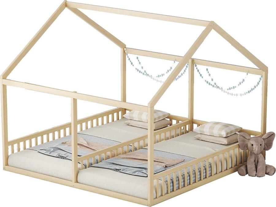 Merax Kinderbed voor 2 Personen Twee keer 90x200 cm Bed Huisbed met Dak Naturel Hout Bruin