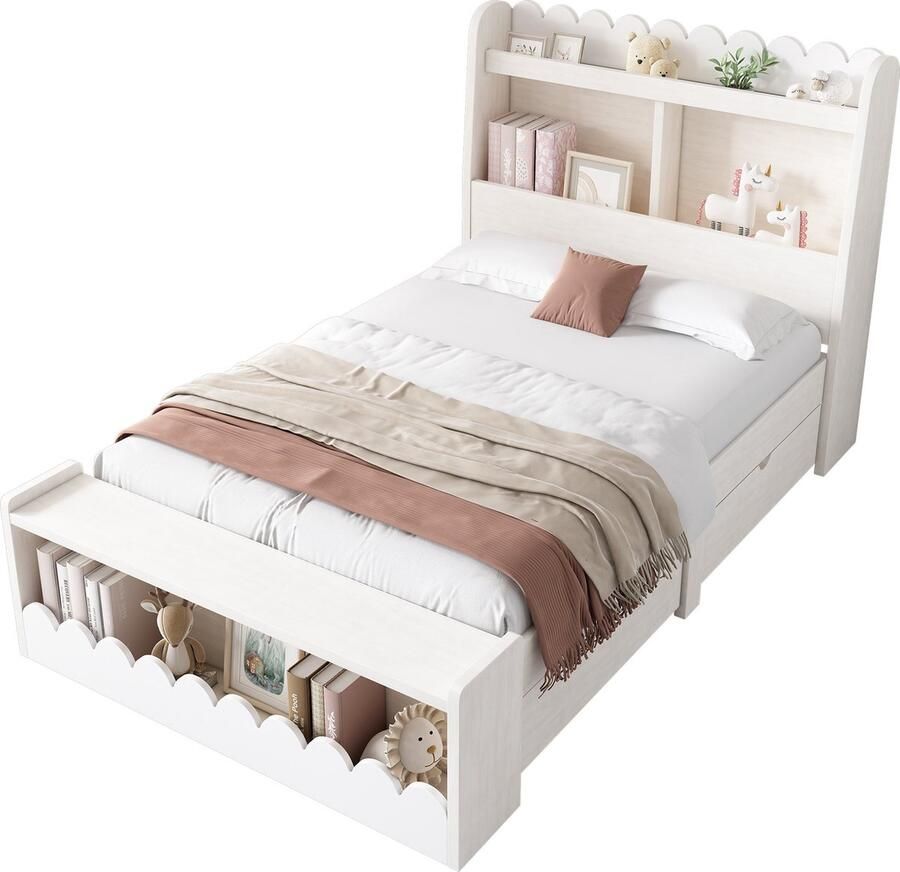 Merax Kinderbett Einzelbett Stauraumbett mit Schubladen Regal und Sitzbank mit Stauraum Holzbett 90x190 cm Bettgestell und Lattenrost aus Holz Weiß mit Eichefarben (Ohne Matratze)