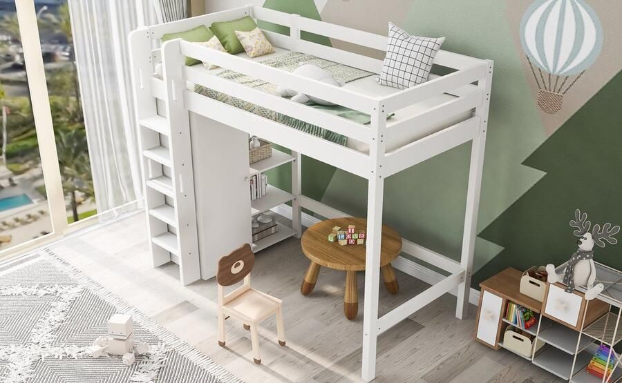 Merax Kinderbett Hochbett 90x200 cm Einzel Bettgestel mit Kleiderschrank und 6 Regalen Weiß Hochwertiges Material Leicht zu Montieren Stabil und Langlebig (Ohne Matratze)