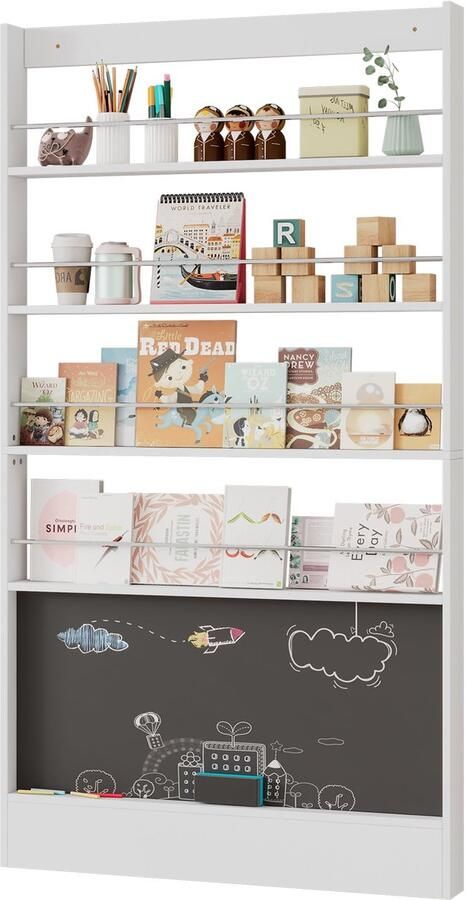 Merax Kinderboekenkast & Uitrustingsrek – 4-lagen Opbergkast met Zwartbord – Kantelbeveiliging – 100x10x180cm – Plaatsbesparend