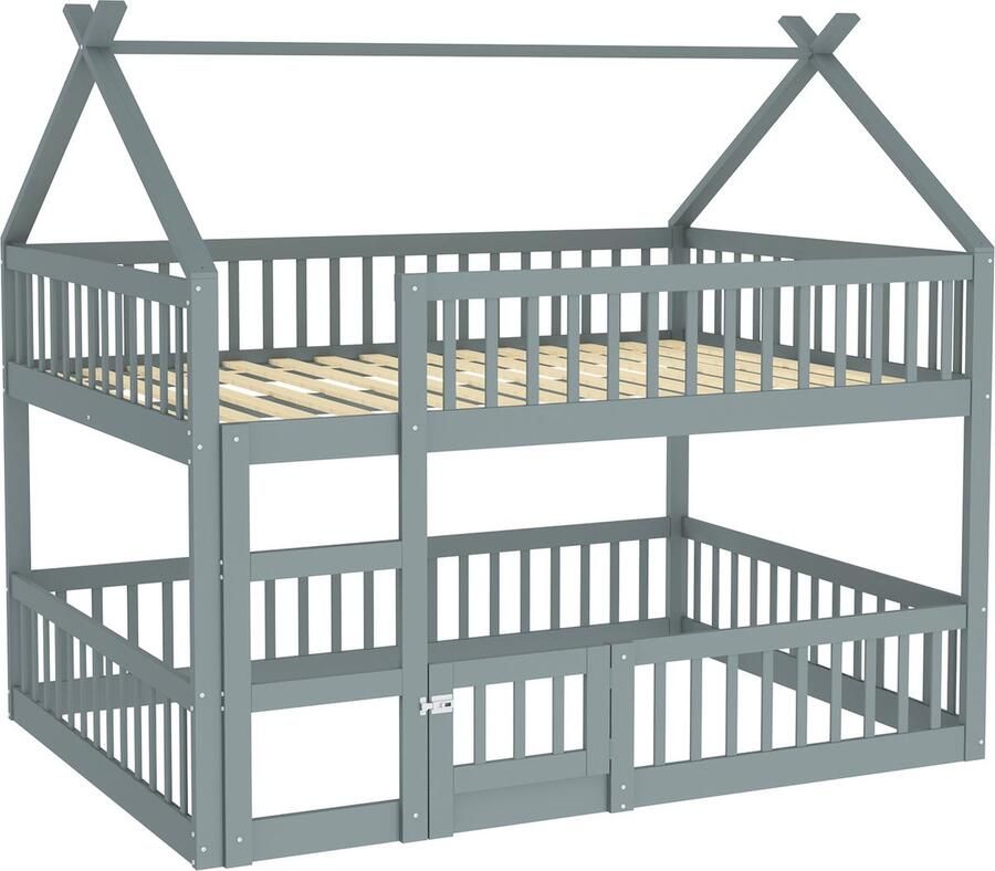 Merax Stapelbed of Hoogslaper 140x200 cm met 1 Lattenbodem en Ladder – Kinderbed met Massief Houten Frame – Grijs - Foto 3