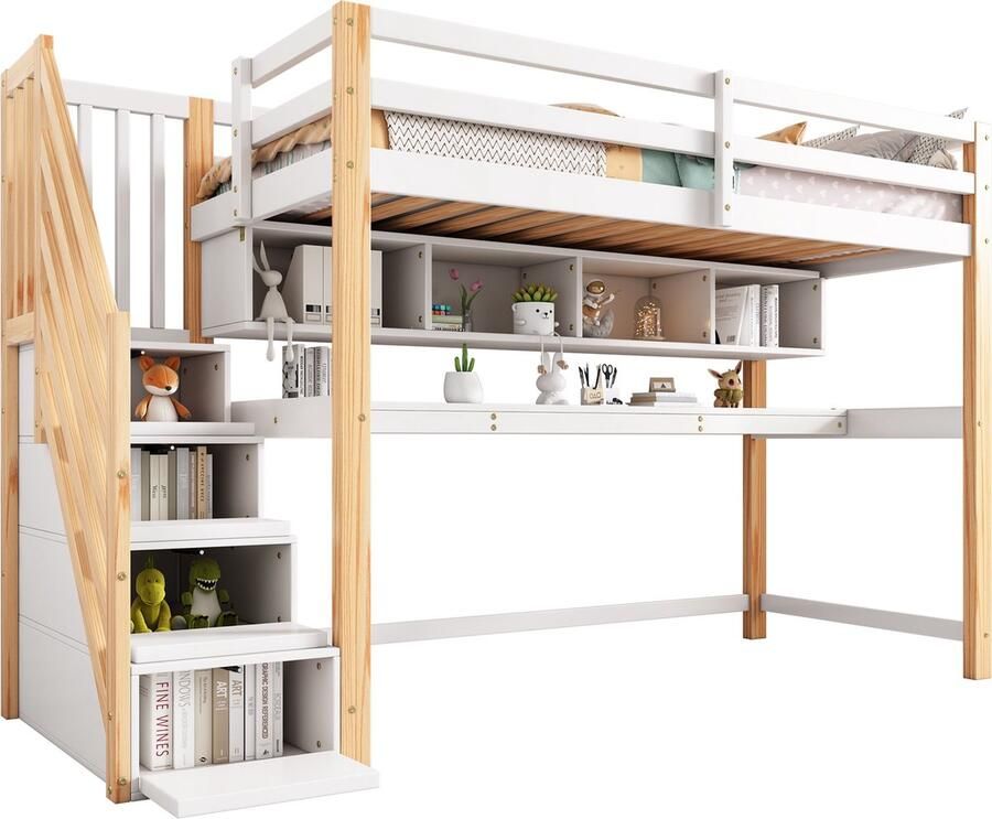 Merax Kinderhoogbed met Opbergruimte en Schuine Trap – Massief Hout en MDF – 90x200cm – Met Bureau en Planken – Witte en Naturel Kleuren