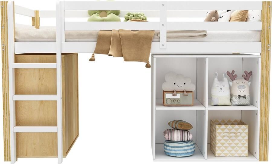 Merax Kinderhoogslaper 90 x 200 cm Multifunctioneel Kinderbed met 2 Opbergkasten en Ladder – Natuurlijke Houtlook en Wit (Zonder Matras)