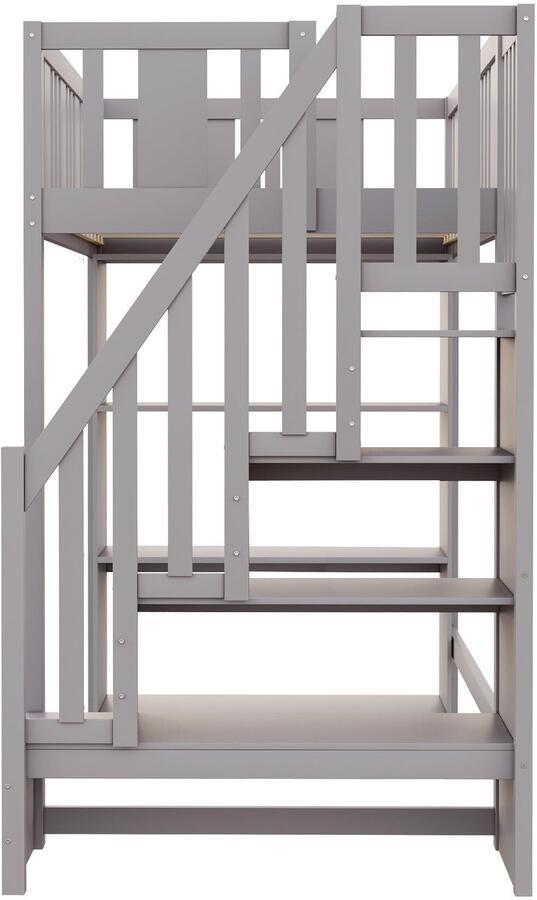 Merax Kinderhoogslaper 90x200 cm – Houten Bed met Veilige Trap en Grote Opbergruimte – Grijs – Inclusief Houten Lattenbodem - Foto 2