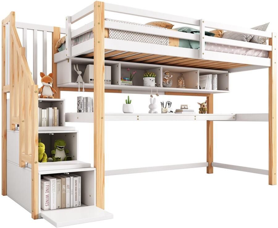 Merax Kinderhoogslaper Kinderbed met Groot Bureau en Opbergrekken Massief Hout Natuurlijk en Wit 90x200 cm