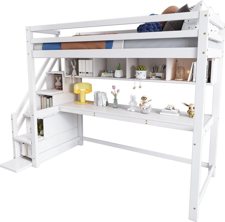 Merax Kinderhoogslaper met Opbergruimte 90x200 cm Inclusief Trap met Opbergruimte Groot Bureau en Boekenplanken Massief Hout Wit