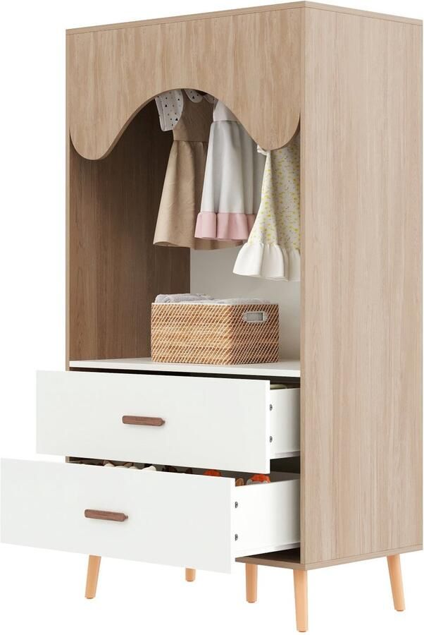 Merax Kinderkamer Garderobekast Schuifdeur en Open Opbergkast Kinderkamer Set Wit + Naturel Hout 141 5 cm Hoog