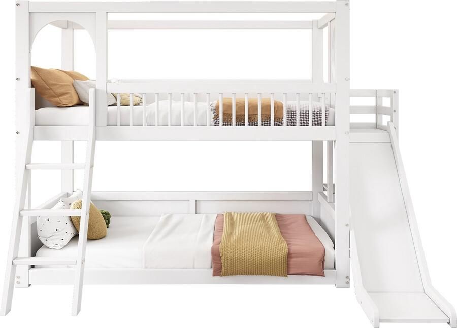 Merax Houten Stapelbed voor Kinderen Hoogslaper Kinderbed met Opbergruimte en Glijbaan Bed met Uitvalbeveiliging Wit