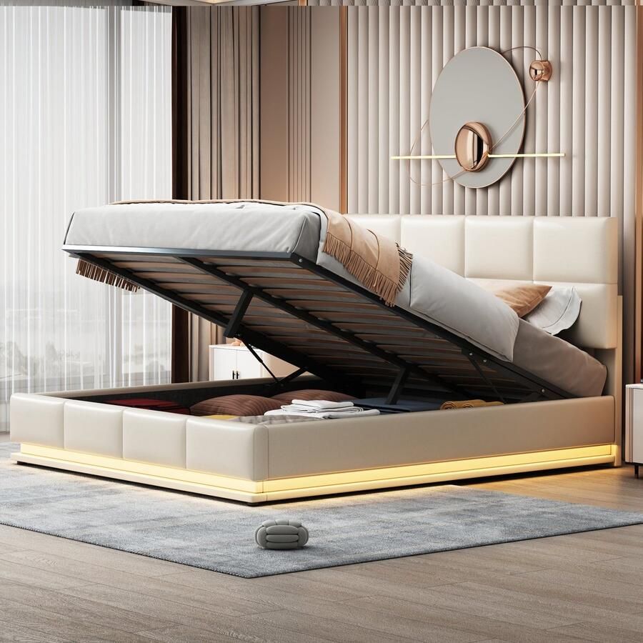 Merax Kingsize Bed 180x200 cm – Kunstleer Gestoffeerd Tweepersoonsbed met LED Verlichting en Hydraulische Opbergruimte – Beige