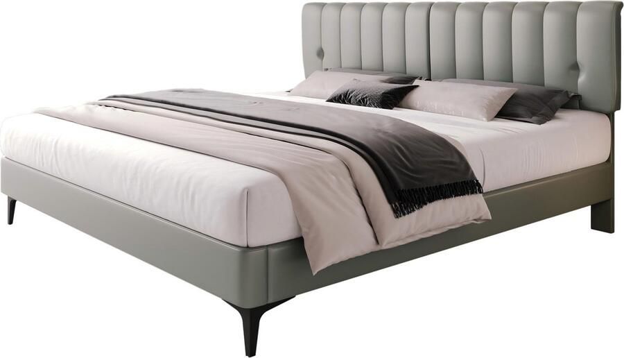 Merax Kingsize Bed 180x200 cm Kunstleer Gestoffeerd Tweepersoonsbed met Luxe Hoofdbord Grijs